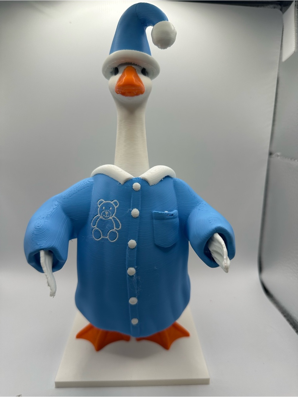 3-D Printed Desk Goose and Pajama Outfit.